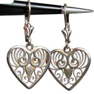 Vintage Milor Italy Filigree Sterling Silver Heart Earrings 925 Valentines Gift